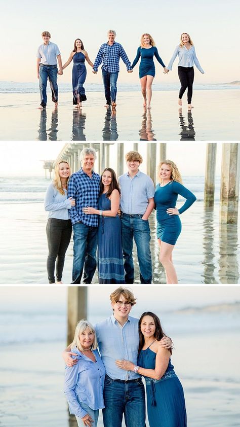 Nautical Family Photos, Family Of 4 Picture Poses Beach, Family Of 5 Beach Pictures, Family Beach Pictures Poses Group Shots, Big Family Beach Photoshoot, Beach Pictures Large Family, Large Family Photo Shoot Ideas Beach, Winter Beach Family Photos, Blue And White Beach Pictures Family