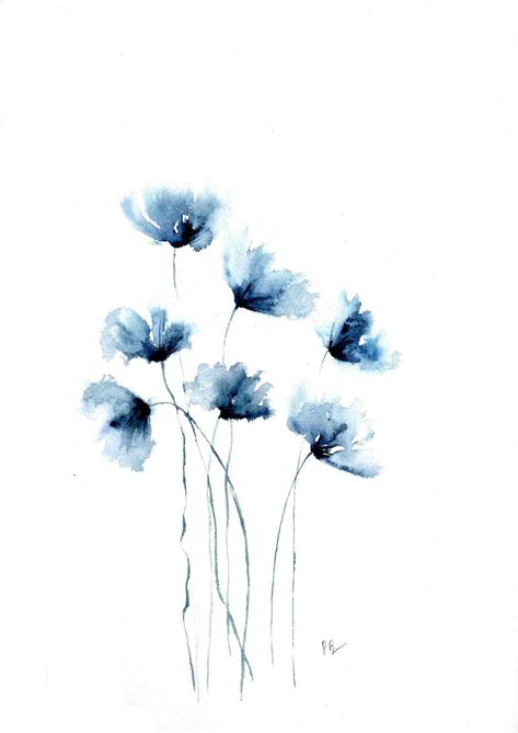 Blue poppies by ColorMeWaterShop on Etsy Blue Watercolor Background, Abstract Poppies, Blue Poppies, Blue Watercolor Floral, Hanukkah Cards, Painting Minimalist, Blue Poppy, Arches Paper, Art Minimaliste