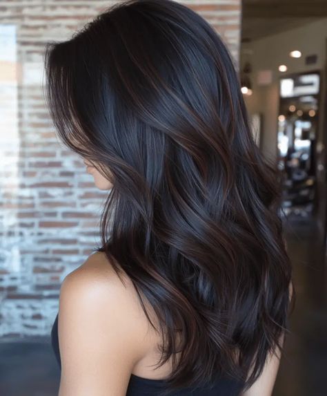 Dark Neutral Balayage, Dark Brown Lowlights Brunettes Subtle Highlights, Dark Hair Some Highlights, Dark Hair Cut Ideas For Brunettes, Dark Brown Hair Ideas For Fall, Dark Brown Hair With Bleached Underneath, Dark Brown Hair With Cool Tones, Virgin Hair Dye Ideas, Dark Brown To Black Hair