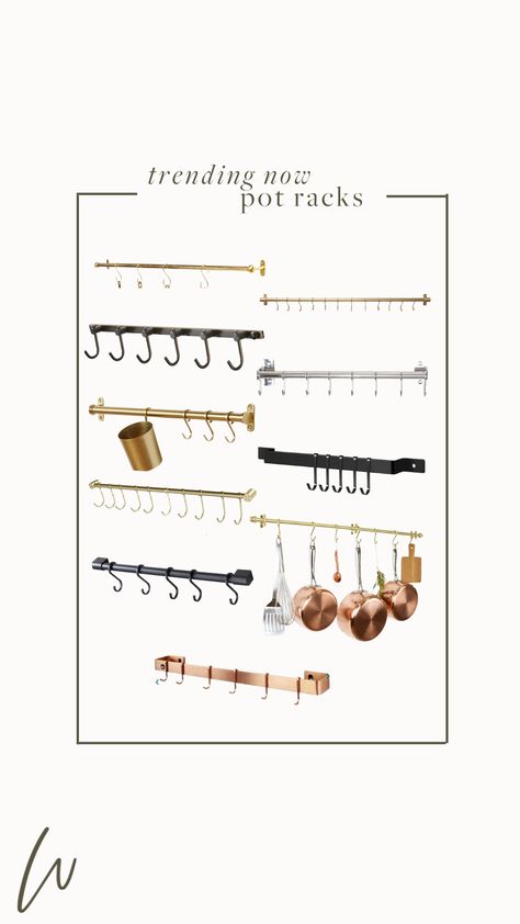 Copper Hanging Pots, Wall Pot Rack Hanging Pans, Hanging Pots In Kitchen Ideas, Kitchen Pot Hanging Ideas, Pegboard Pots And Pans, Kitchen Utensil Rod, Pot Rack Wall Mounted, Pot Wall Rack, Wall Mount Pot Rack