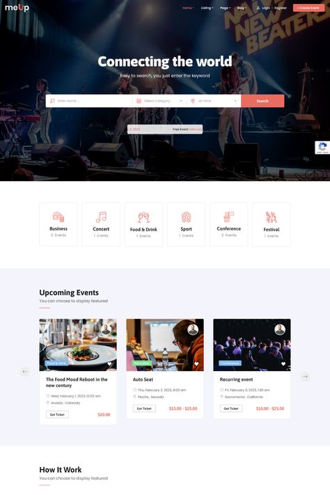 Meup is a robust and user-friendly marketplace events WordPress theme designed for creating a platform for buying and selling tickets for various events. With its modern and attractive design, Meup is sure to impress both event organizers and attendees. It features a built-in ticketing system, customizable event listings, and a user-friendly interface, making it easy for users to find and purchase tickets for their desired events. Upcoming Events Website Design, E Ticket, Event Registration, Website Mockup, Booking Website, Event Website, Event Template, Booking Sites, Event Page