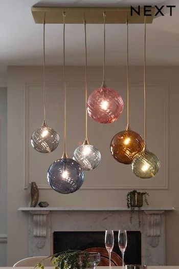 Ceiling Lights | Pendant & Flush Ceiling Lights | Next UK Colourful Ceiling Lights, Coloured Glass Chandelier, Dining Room Decor Colourful, Hanging Light Over Dining Table, Dining Room Lighting Inspiration, Statement Lighting Living Room, Kitchen Light Over Table, Colourful Home Interiors, Open Plan Lighting