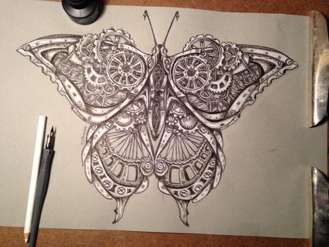 Steampunk Art Drawing, Steampunk Drawing, Steampunk Butterfly, Steampunk Tattoo, Mechanic Tattoo, Steampunk Artwork, A Level Art Sketchbook, Mechanical Art, Zentangle Drawings