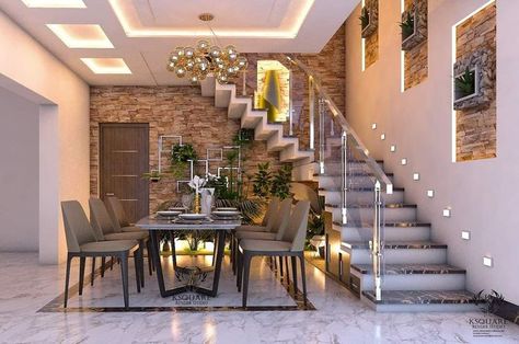 Home decor dining table ideas - living room furniture ideas - aesthetic furniture ideas Stairs In Living Room Ideas Staircases, Wall Attached Dining Table, Stairs In Dining Room, Room With Stairs, تحت الدرج, Staircase Interior Design, Staircase Design Modern, Stair Ideas, Stairs Design Interior