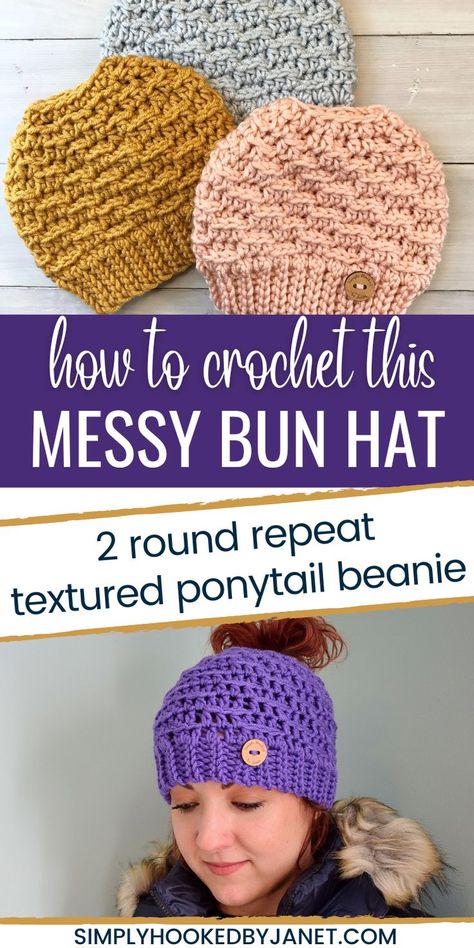 3 flat crochet messy bun hats and 1 modeled Craft Show Crochet, Crochet Messy Bun Hat Pattern Free, Ponytail Hat Crochet Free Pattern, Messy Bun Beanie Crochet Pattern, Crochet Ponytail Beanie, Messy Bun Hat Crochet Pattern, Bun Hat Crochet Pattern, Messy Bun Hat Pattern, Crochet Pony