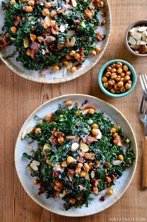 Chickpeas Air Fryer, Warm Bacon Vinaigrette, Warm Kale Salad, Vegan Dinner Rolls, Bacon Vinaigrette, Vinaigrette Dressing Recipe, Kale Salad Recipes, Just A Taste, Warm Salad