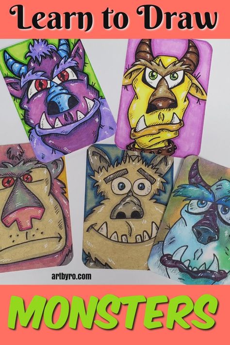 Draw A Monster, Halloween Art Lessons, Trading Card Ideas, Drawings For Beginners, Halloween Art Projects, October Art, Middle School Art Projects, Artist Trading Card, Easy Drawings For Beginners