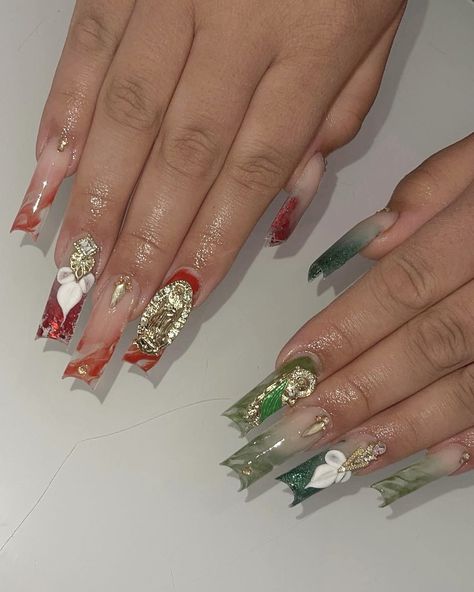 ig: nailsxjocyy Medium Nail Ideas, Virgencita Nails, Mexican Nails, Summer Acrylic Nails, Best Acrylic Nails, Cute Acrylic Nails, Nail Ideas, Cute Nails, Nail Inspo