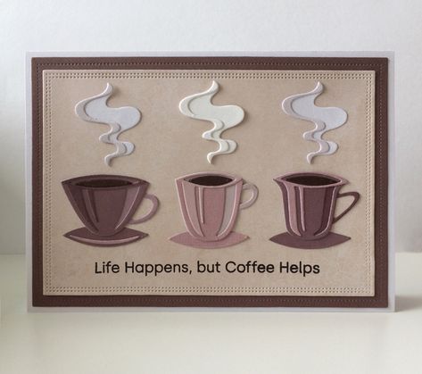 Card cup cups, mug mugs, layers, color block, Sizzix, Tim Holtz Papercut Cafe, die set 666287, Simple and Basic double pierced rectangle stax SBD003, "Life Happens, buy Coffee Helps" sentiment stamp from MFT Cup of Love Die-namics CS-416 #mftstamps Studiolight Vintage Tones SLESPP41 & Blushed SLES-PP52 paper pad - JKE Handmade Cards With Coffee Cup, Cup Cards Ideas, Sizzix Coffee Cup Die, Coffee Birthday Cards Diy, Tim Holtz Coffee Cards, Coffee Cards Ideas, Coffee Cup Cards, Tim Holtz Papercut Cafe, Coffee Cards Handmade