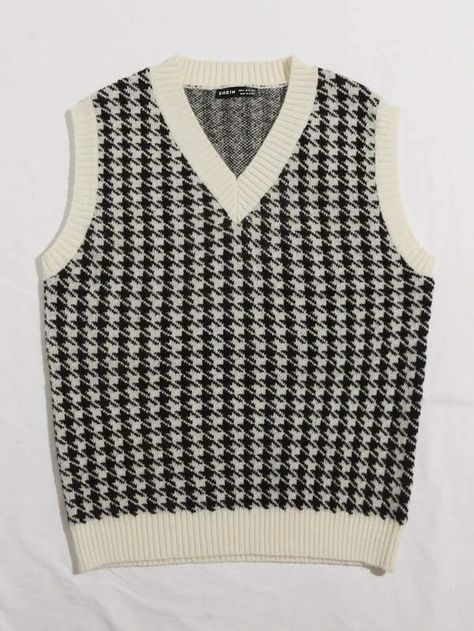 Shein Sweater, Houndstooth Sweater, Sleeveless Jumper, Cropped Pullover, Sweater Vest Women, Houndstooth Pattern, Pattern Sweater, Knitting Women, Knit Vest