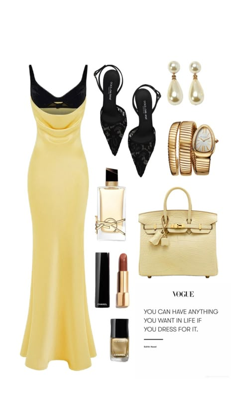 💛 #vogue #fashion #classystyle #outfitinspo #elegant #goldgirl Yellow Dress Aesthetic, Fancy Fits, Tropical Fashion, Gold Outfit, Europe Outfits, Outfit Layout, Mode Inspo, Vogue Fashion, Fancy Outfits