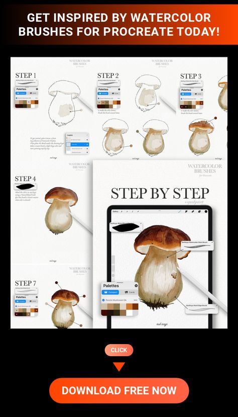 Procreate Illustration Tutorial, Procreate Tutorial Step By Step, Procreate Drawing Tutorials, Procreate Step By Step, Watercolor Procreate, Porcini Mushroom, Procreate Watercolor, Best Procreate Brushes, Procreate Ipad Tutorials Mushroom Tutorial, Dreamy Watercolor, Draw Realistic, Watercolor Landscapes, Procreate Brushes Free, Procreate Tutorial, Relaxing Art, Free Brush, Ipad Art