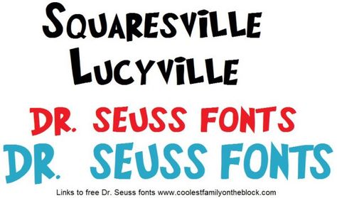 Free Dr Seuss fonts Dr Seuss Font, Dr Seuss Art, Dr Seuss Activities, Dr Seuss Crafts, Dr Seuss Birthday Party, Childrens Books Activities, Seuss Classroom, Seuss Crafts, Read Across America Day