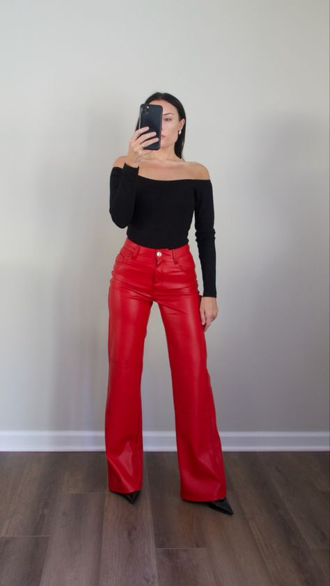 fall 2023 red outfit inspo #ad Red Leather Pants Outfit, Faux Leather Pants Outfit, Red Top Outfit, Nightout Outfit, Red Leather Pants, Rush Outfits, Leather Pants Outfit, 70s Inspired Fashion, 70s Inspired