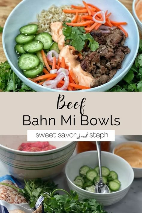 Ground Beef Bahn Mi Bowl, Keto Bahn Mi Bowl, Beef Bahn Mi Bowl, Bahn Mi Bowls, Beef Bahn Mi, Bahn Mi Bowl, Beef Banh Mi, Shaved Beef Recipes, Rad Diet