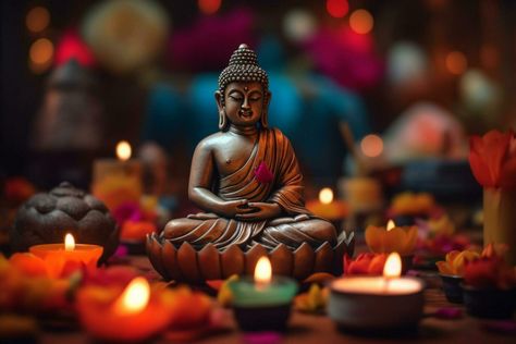 A buddha sits in a garden with a lotus and candles. Background for vesak festival celebration. Vesak day concept. Vesak celebration day greetings by AI generated Buddha Desktop Wallpaper Hd, Buddha Wallpaper For Laptop, Buddha Image Wallpaper Hd, Buddha Statue Garden, Buddha Background, Vesak Day, Buddha Photo, Buddha Peace, Lord Buddha Wallpapers