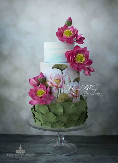 Three Tiered Cake, Lotus Cake, Hand Painted Wedding Cake, Painted Wedding Cake, Asian Cake, Hand Painted Cakes, Flower Cakes, Tiered Cake, Cake Stuff