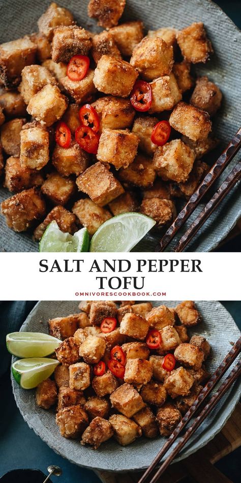 Salt and pepper tofu has a crispy texture and is bursting with spicy, savory flavors that make it a crowd-pleasing appetizer that will surprise and delight everyone at your table. {Vegan, Gluten-Free Adaptable} Salt And Pepper Tofu, Pepper Tofu, Tofu Steak, Spice Bowls, Crowd Pleasing Appetizers, Five Spice Powder, Fried Tofu, Peanut Oil, Pepper Powder