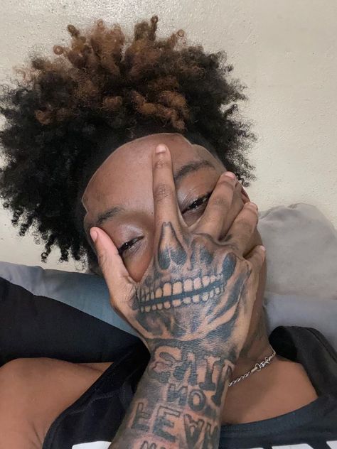 Hand Smile Tattoo, Black Guy Neck Tattoo, Stud With Tattoos, Two Face Tattoo Men, Curly Hair Studs, Fine Studs With Curly Hair, Dreadheads With Tattoos, Neck Tattoo Red Ink, Stud Tattoo Ideas