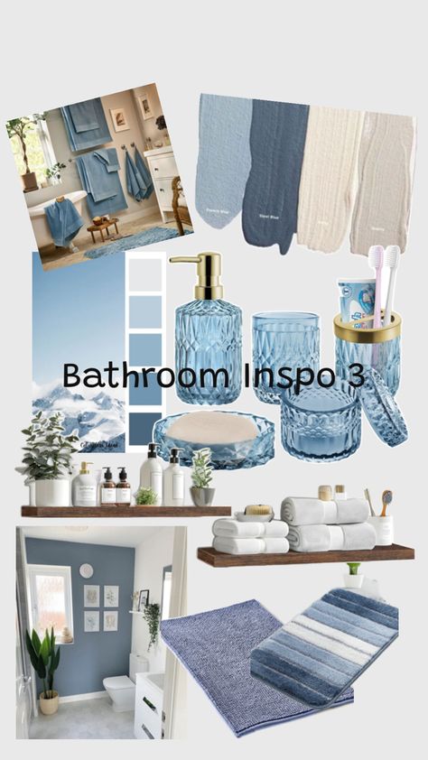 Guest Bathroom Ideas Light Blue, Bathroom Decor Blue Walls, Blue Aesthetic Bathroom, Light Blue Bathroom Decor, Light Blue Bathroom Ideas, Navy Blue Bathroom, Bathroom Decor Blue, Dorm Themes, Light Blue Bathroom