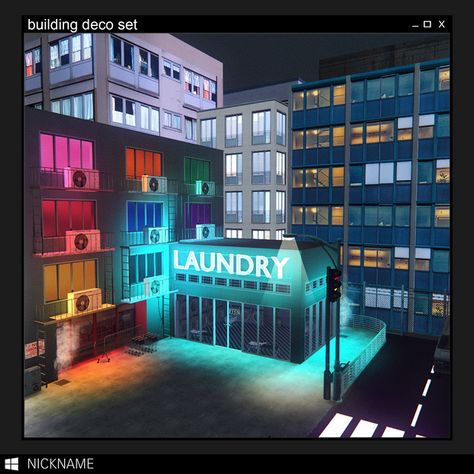 building deco set | give me a nickname on Patreon Give Me A Nickname, Cyberpunk House, Korean Decor, Lotes The Sims 4, Sims Furniture, Sims 4 Stories, City Decor, Sims Wallpaper, New York Subway