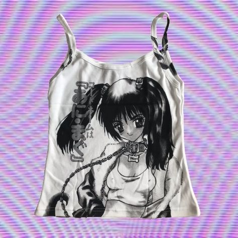 Y2k Anime Print Summer Tops, White Y2k T-shirt With Anime Print, Y2k Anime Print T-shirt For Summer, White Harajuku Top With Screen Print, Y2k Style Anime Print Short Sleeve T-shirt, Corset Grunge, Gothic Fairycore, Emo Girl 2000s, 2000s Tops