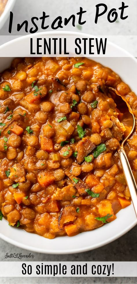 This easy Instant Pot lentil stew recipe is hearty, comforting, and so simple to make in your electric pressure cooker. It uses everyday ingredients and is and loaded with bacon! Pressure Cooker Lentils, Lentil Chili Recipe, Lentils Instant Pot, Lentil Stew Recipes, Lentil Recipes Healthy, Instant Pot Stew, Red Lentil Recipes, Pressure Cooking Recipes, Pressure Cooker Meals