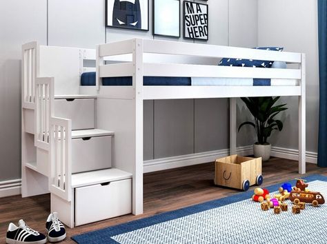 Loft beds are a wonderful addition to a room with limited space. Unlike a bunk bed with stairs, a loft bed is a raised bed that offers free space underneath it, space which can be used to place a desk, add some extra storage furniture, or even used to make a play spot for your... The post Consider a Loft Bed with Stairs Over a Bunk Bed appeared first on Home Decorating Trends - Homedit. Loft Twin Bed, Low Loft Bed, Bunk Bed Mattress, White Stairs, Loft Bed Frame, Low Loft Beds, Twin Loft Bed, Low Loft, Contemporary Bed