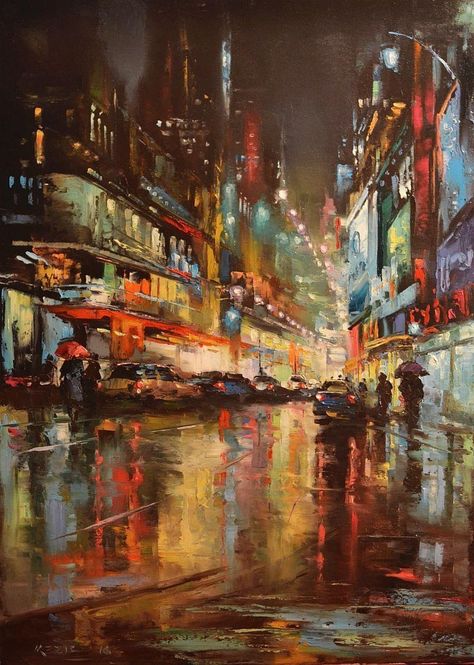 Imgur: The magic of the Internet City Street, In The Rain, The Rain, At Night, Oil Painting, Art