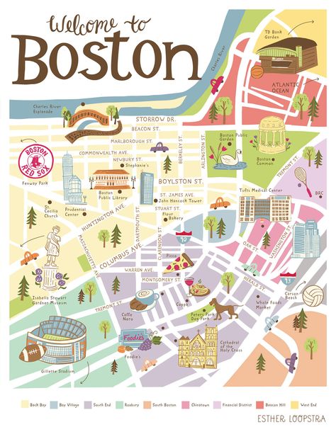 Boston Travel Guide, Boston Map, Boston Garden, Colorful Wall Decor, Massachusetts Travel, Living In Boston, Boston Travel, Stationery Products, Tourist Map