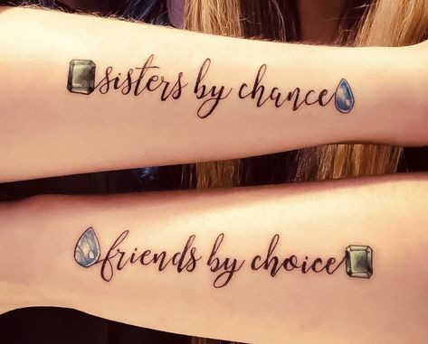 Sister tattoos, sister tattoos for 2, gem tattoos, birthstone tattoos, sisters by chance, friends by choice, emerald tattoo, moonstone tattoo Moonstone Tattoo, Birthstone Tattoos, Sister Friend Tattoos, Sister Tattoos Quotes, Sisters By Choice, Choice Tattoo, Emerald Tattoo, Tattoos Sisters, Unique Sister Tattoos