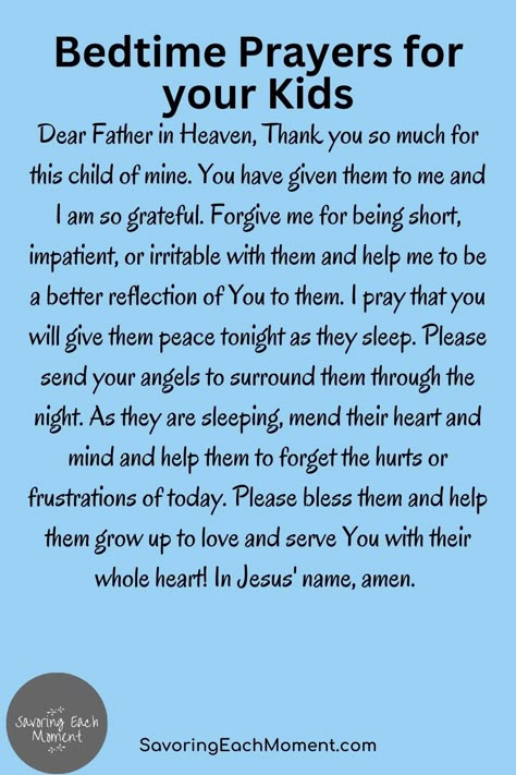 Take time every night to pray for your kids. Your bedtime prayers can help your children sleep well, feel secure and safe, and sets an example for them to follow. Night Prayer Bedtime Sleep Children, Goodnight Prayer For Kids, Toddler Prayers Bedtime, Bed Time Prayer For Kids, Prayers For Kids To Say Bedtime, Night Time Prayers For Kids, Prayers To Pray Over Children, Night Prayer For Kids, Bedtime Prayers For Kids