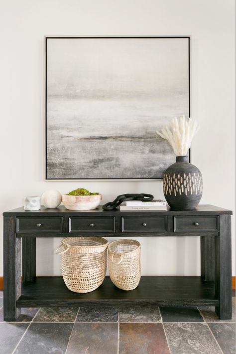 Entry Table Contemporary, Console Table With Painting, Modern Entryway Table Wood, Console Table With Wall Art, Console Table Artwork, Entryway Artwork Modern, Art Above Entry Table, Waterfall Console Table Entryway, Console Table With Art Above