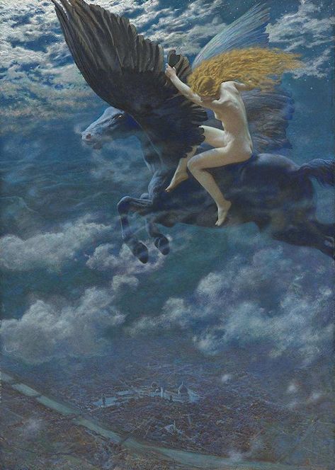 Dream Idyll by Edward Robert Hughes Requiem Of A Dream, Edward Robert Hughes, Robert Hughes, Art Psychology, Winged Horse, Blue Night, Flying High, Pre Raphaelite, Visual Poetry