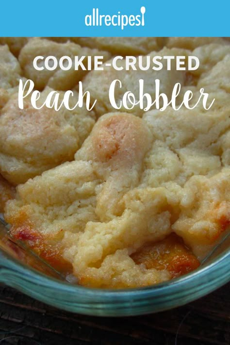 Peach Cobbler Cookie Crust, Peach Cobbler With Shortbread Crust, Peach Cobbler With Snickerdoodle Crust, Cookie Crusted Peach Cobbler, Cookie Cobbler Recipes, Sugar Cookie Crust Recipe, Peach Cobbler Cookies Recipe, Sugar Cookie Peach Cobbler, Cobbler Crust Recipe