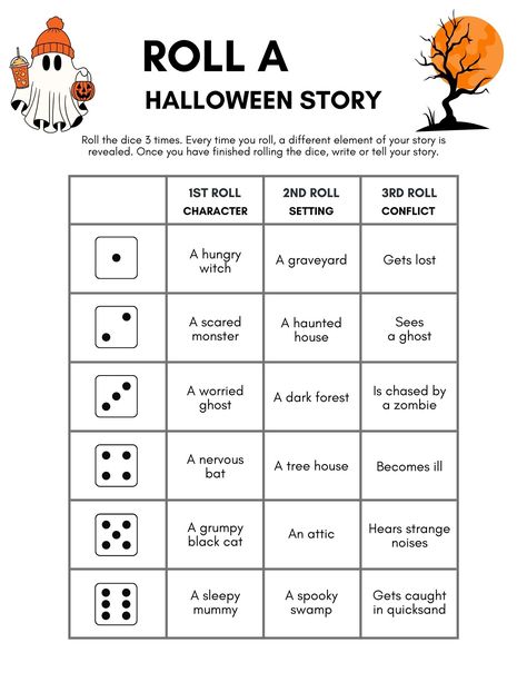 Bring out your students' imaginations with these fun and engaging Halloween Writing Activities! Perfect for the classroom or at home, this set includes a variety of prompts and games to inspire creative thinking and storytelling.

Roll a Story: Roll the dice to create your own Halloween story.
Create & Write About Your Monster: Design a monster and describe its spooky adventures!
Write a Magic Spell: Get creative with spell-making.
Finish the Sentence: Complete Halloween sentence starters Halloween Roll A Story, Halloween Sentences, Halloween Writing Activities, Roll A Story, Spooky Words, Halloween Classroom Activities, Finish The Sentence, Halloween Writing Prompts, Character Activities