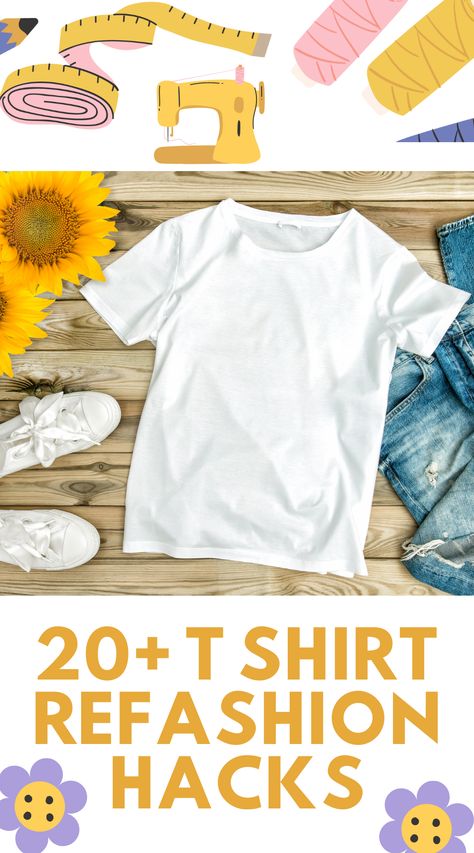 T shirt with sewing supplies and outfit Tshirt Modification, Tee Shirt Redo, T Shirt Redesign, Cut Up Tees, T Shirt Stencils, T Shirt Remake, Shirt Alterations, T Shirt Refashion, Shirt Transformation