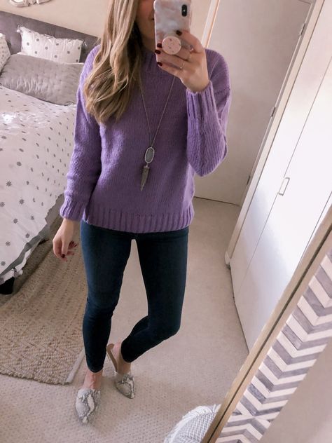 Purple lavender french connection sweater for a classic spring style | Styling snakeskin mules for the office #visionsofvogue #officefashion Purple Sweater Outfit Work, Lavender Sweater Outfit Work, Purple Knit Sweater Outfit, Lavender Sweater Outfit, Vest Dress Outfit, Purple Sweater Outfit, Purple Top Outfit, Snakeskin Shoes, Winter Sweater Outfits