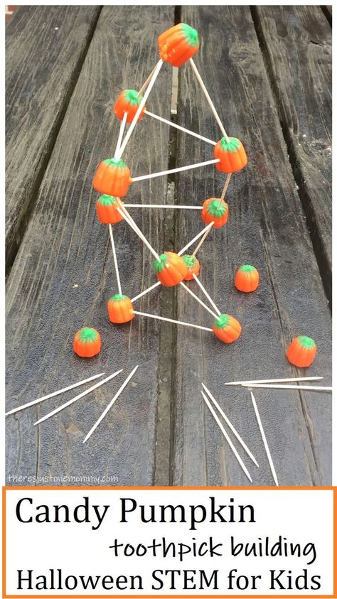 simple Halloween STEM: building a toothpick tower #STEMactivities #STEMeducation #Halloween #theresjustonemommy Toothpick Tower, Marshmallow Toothpick, Best Halloween Games, Halloween Stem Challenge, Pumpkin Preschool, Craft Calendar, Stem Station, Halloween Stem Activities, Pumpkin Science