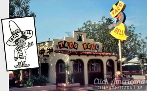 Taco Bell chain has 55 drive-ins with $8 million in sales (1966) - Click Americana Early Photos, Vintage Restaurant, Food Stands, Taco Bell, The Plaza, The Good Old Days, Back In The Day, Vintage Ads, Orange County