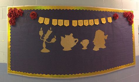 Disney bulletin board  Beauty and the Beast. #Beourguest Be Our Guest Bulletin Board, Beauty And The Beast Classroom Theme, Beauty And The Beast Bulletin Board, Beauty And The Beast Classroom, Fairytale Bulletin Board Ideas, Happy Birthday Wall Decoration, Club Bulletin Board, Disney Classroom Decor, Beauty And The Beast Crafts