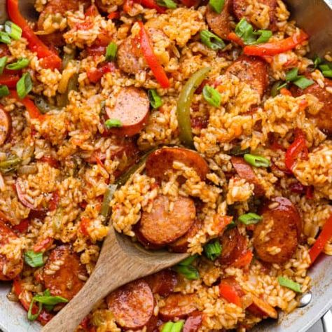 Cajun Rice and Sausage Skillet - The Recipe Critic Cajun Rice And Sausage, Sausage Skillet Recipe, Cajun Rice, Sausage Skillet, Sausage Rice, Homemade Cajun Seasoning, Rice Skillet, Cheap Recipes, Sweet Bell Peppers