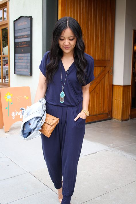 navy jumpsuit + denim jacket + purse + colored pendant necklace Navy Blue Jumpsuit Outfit, Navy Jumpsuit Outfit, Jumpsuit Denim Jacket, Blue Jumpsuit Outfit, Lv Outfit, Blue Jumpsuits Outfit, Dark Blue Jumpsuit, Summer Outfit Guide, Navy Blue Jumpsuit