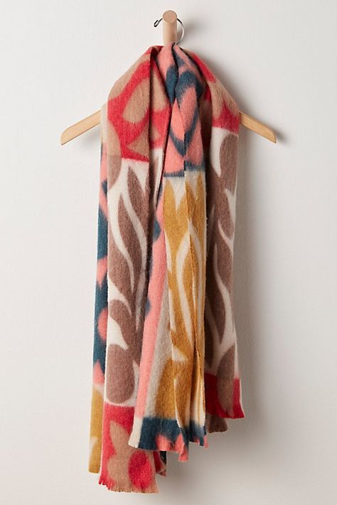 Add the perfect piece to your cold-weather accessories collection with this forever timeless scarf featured in an oversized, blanket-inspired silhouette with funky, colorful printing throughout and slightly raw bottom hem for an added vintage-inspired finishing touch. | Choosing Optimism Blanket Scarf by Free People Free People Scarf, Scarf Packaging, Holiday Scarves, Oversized Blanket, Boho Scarfs, Lipstick Bag, Bandana Scarf, Floral Shoes, Mens Scarves