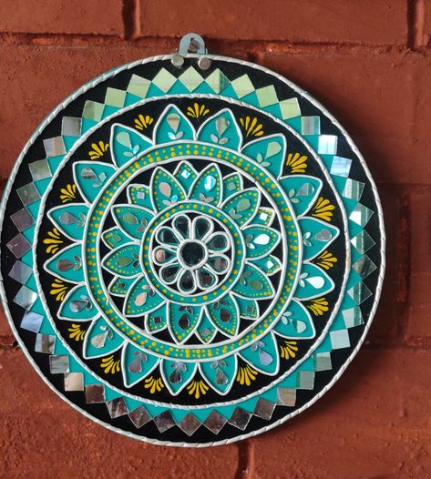 Lippan Art, Mud- Mirror Work by students of grade 10 Lippan Art Design Mirror Work Circle, Mud And Mirror Work Art, Lipin Art, Modern Lippan Art, Lippan Art Mirror, Mud Mirror Work, Mud Mirror Art, Blue Pottery Designs, Mirror Mandala