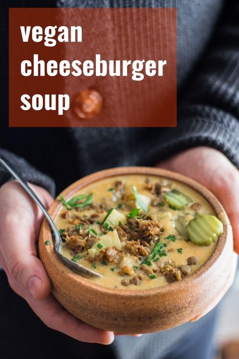 Creamy, cheesy vegan soup that actually tastes like cheeseburger! You've got to try it to believe it!  Make this cozy dairy-free and meatless soup for dinner tonight. #veganrecipes #vegansoup #cheeseburgersoup #dairyfree #meatlessmonday Meatless Soup, Vegan Cheeseburger, Soup For Dinner, Vegan Stew, Cheeseburger Soup, Vegan Soup Recipes, Cheese Burger, Savory Vegan, Vegan Comfort Food