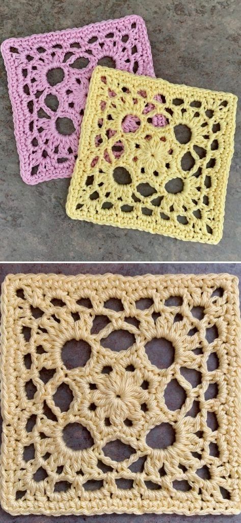 Lattice Square Crochet, Crochet Blocks Free Pattern Simple, 4 Inch Crochet Square Free Pattern, Granny Square Lace Pattern, Crochet Easy Granny Square Free Pattern, Crochet Lacy Granny Square Pattern Free, Crochet Lacy Granny Square, Crochet Mesh Granny Square, Lacy Crochet Squares