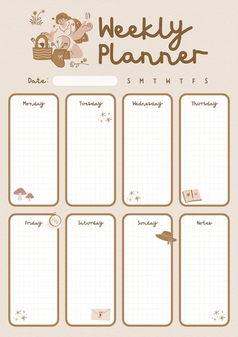 Cute Study Planner, Cute Weekly Planner Template, Aesthetic Weekly Planner Template, Aesthetic Study Planner, Planner Illustrations, Cute Schedule, Weekly Planner Aesthetic, Aesthetic Weekly Planner, Cute Weekly Planner