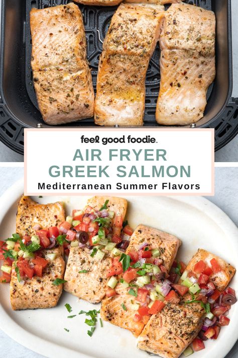 Mediterranean Air Fryer Salmon, Airfryer Mediterranean Recipes, Salmon Recipes Mediterranean, Mediterranean Diet Recipes Air Fryer, Mediterranean Fish Recipes Healthy, Salmon Mediterranean Recipes, Greek Salmon Recipes, Air Fryer Mediterranean Recipes, Air Fryer Seafood Recipes