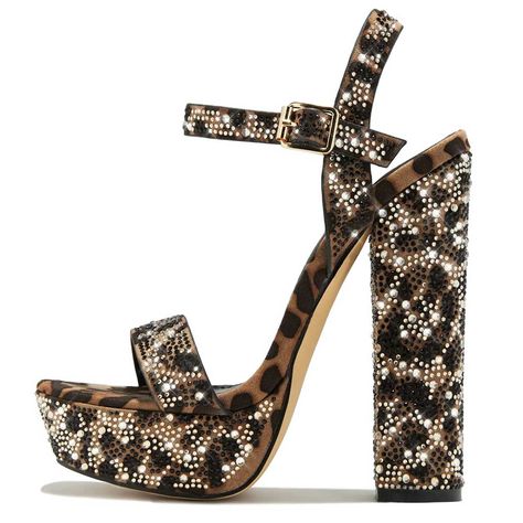 Elevate your style with these striking brown black leopard print crystal platform block heel sandals. Featuring a bold design, ankle strap, and comfortable platform for fashion-forward elegance. Color: Brown black Heel Type: Block heel Heel Height: 5.47'' / 139 mm approx Platform Height: 2'' / 50 mm approx Product measurements were taken using size 8. Please note that measurements may vary by size. Toe: Open toe All-over rhinestone design Adjustable buckled ankle strap design Handcrafted US sizing. Fits true to size. Leopard Print High Heels, High Heel Sandals Platform, Cheetah Print Heels, Cowboy Shoes, Leopard Print Boots, Open Toe Boots, Extreme High Heels, Dance Heels, Boots Square Toe